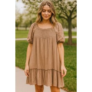 In Loom Womens Smocked‎ Lace Trim Babydoll Mini Dress Taupe Brown Cottagecore